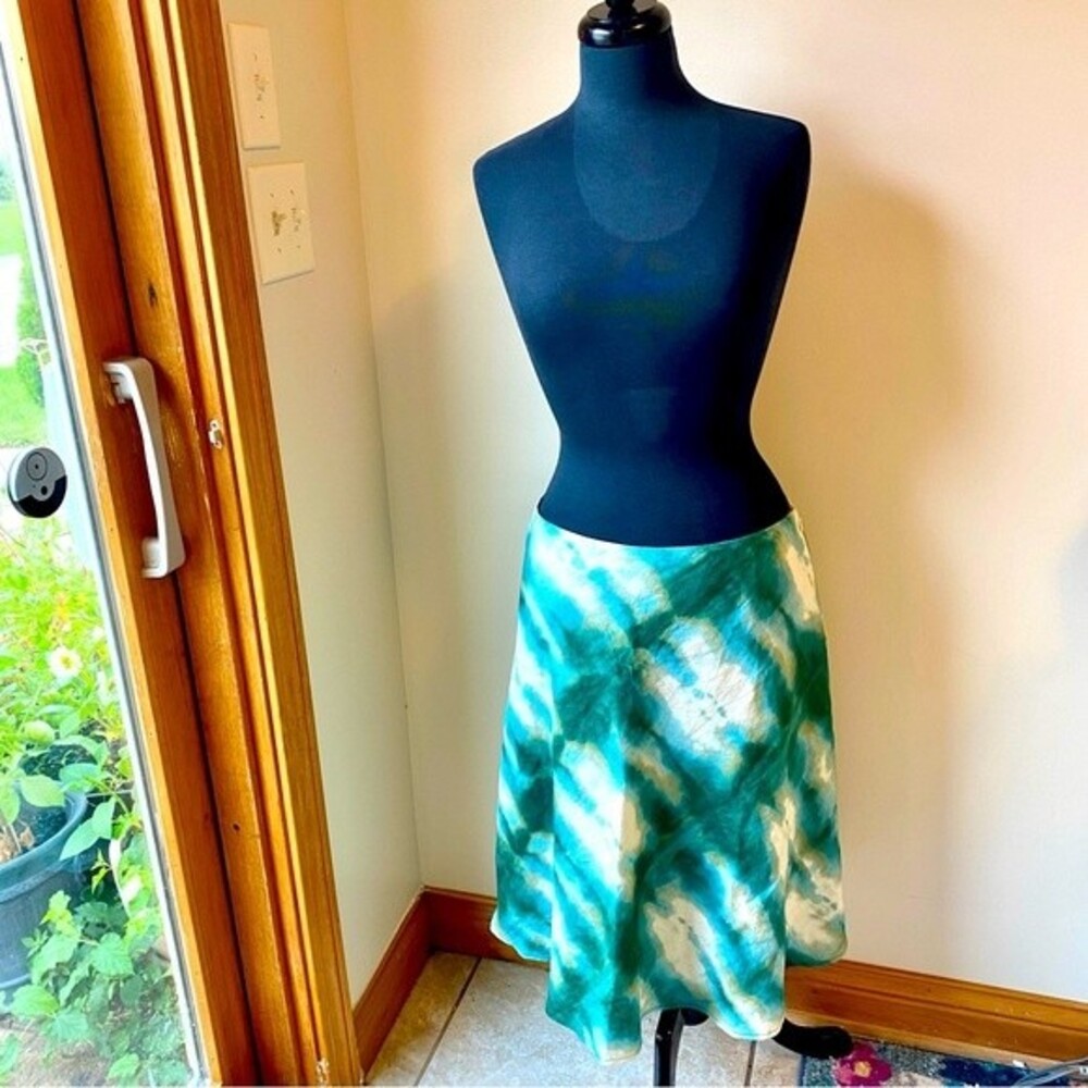 JONES WEAR Skirt Linen Watercolor Blue Green Cream Midi Flare A-line